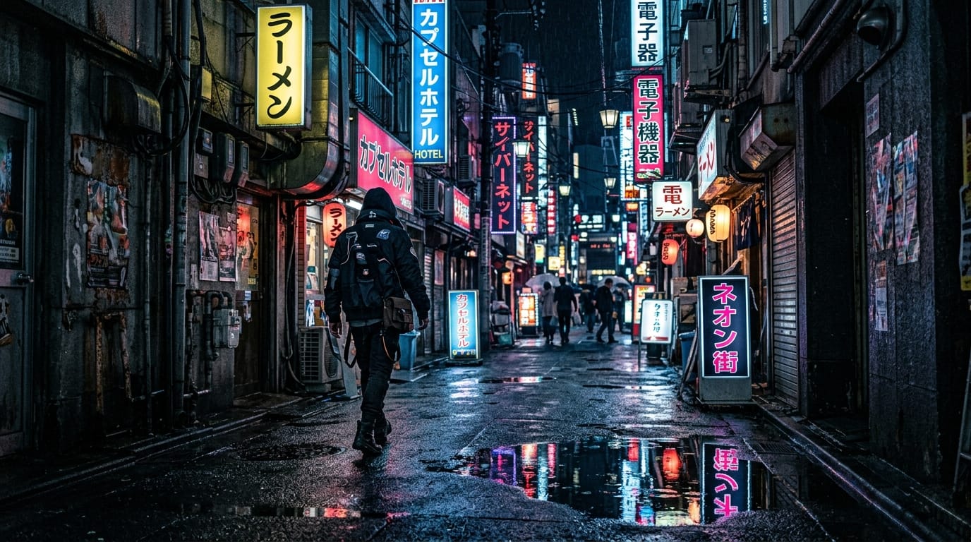 近未来のサイバーパンク都市の路地裏、ネオンサインの反射、雨上がりの濡れた路面、重厚な塗り、実写的なリアルさ、細かいディテール、シャープなコントラスト