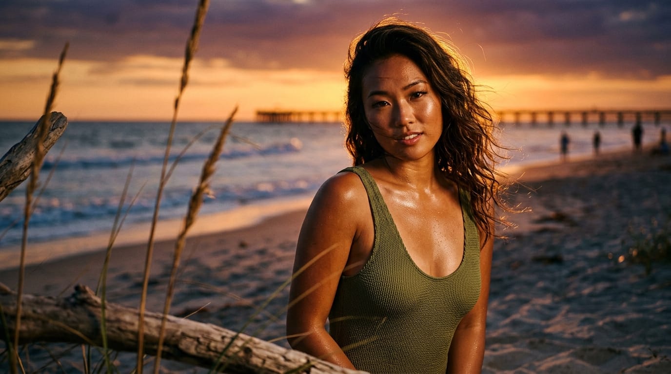 1人の女性、海辺での夕暮れロケーション撮影、水着、逆光によるリムライト、風になびく髪、カメラ目線の挑発的な表情、肌のハイライト、汗のディテール、手前のオブジェクトを使った前ボケ、シネマティックな色調