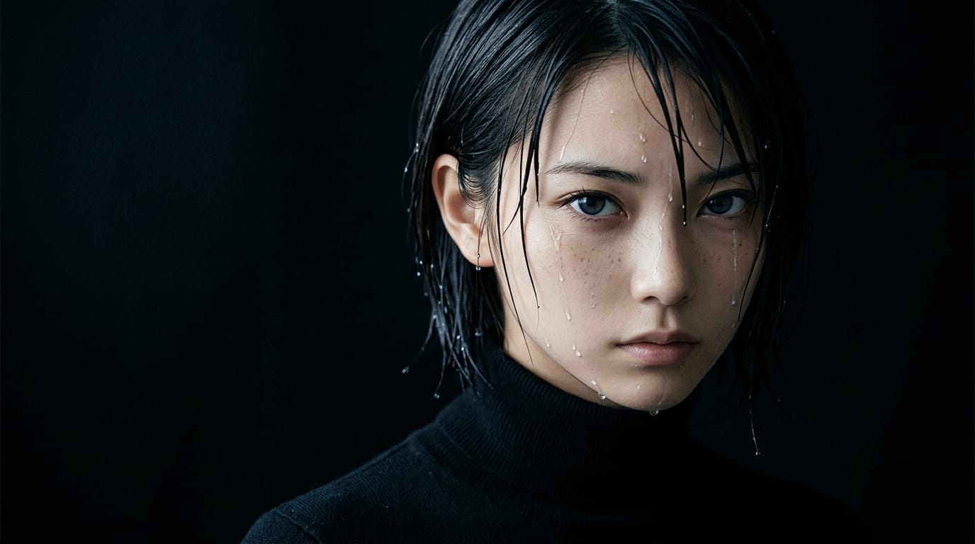 1girl, anime style, studio photography, black background, dramatic side lighting, delicate skin texture, wet hair, water drops, sharp gaze, 85mm lens, depth of field, high resolution, masterpiece