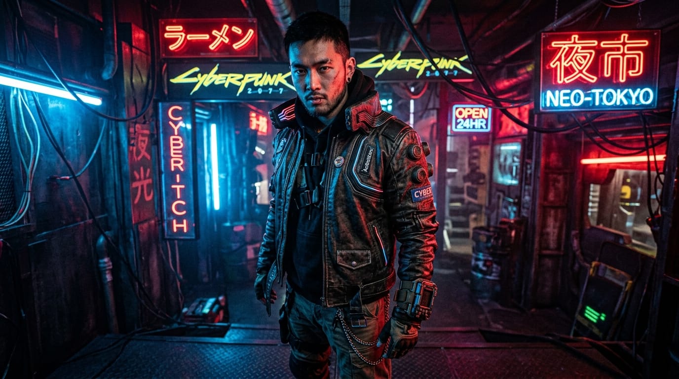 1boy, cyberpunk outfit, studio photography, mixed lighting of red and blue neon lights, sharp shadows falling on the face, leather jacket texture, low angle, wide angle lens, high contrast, highly detailed