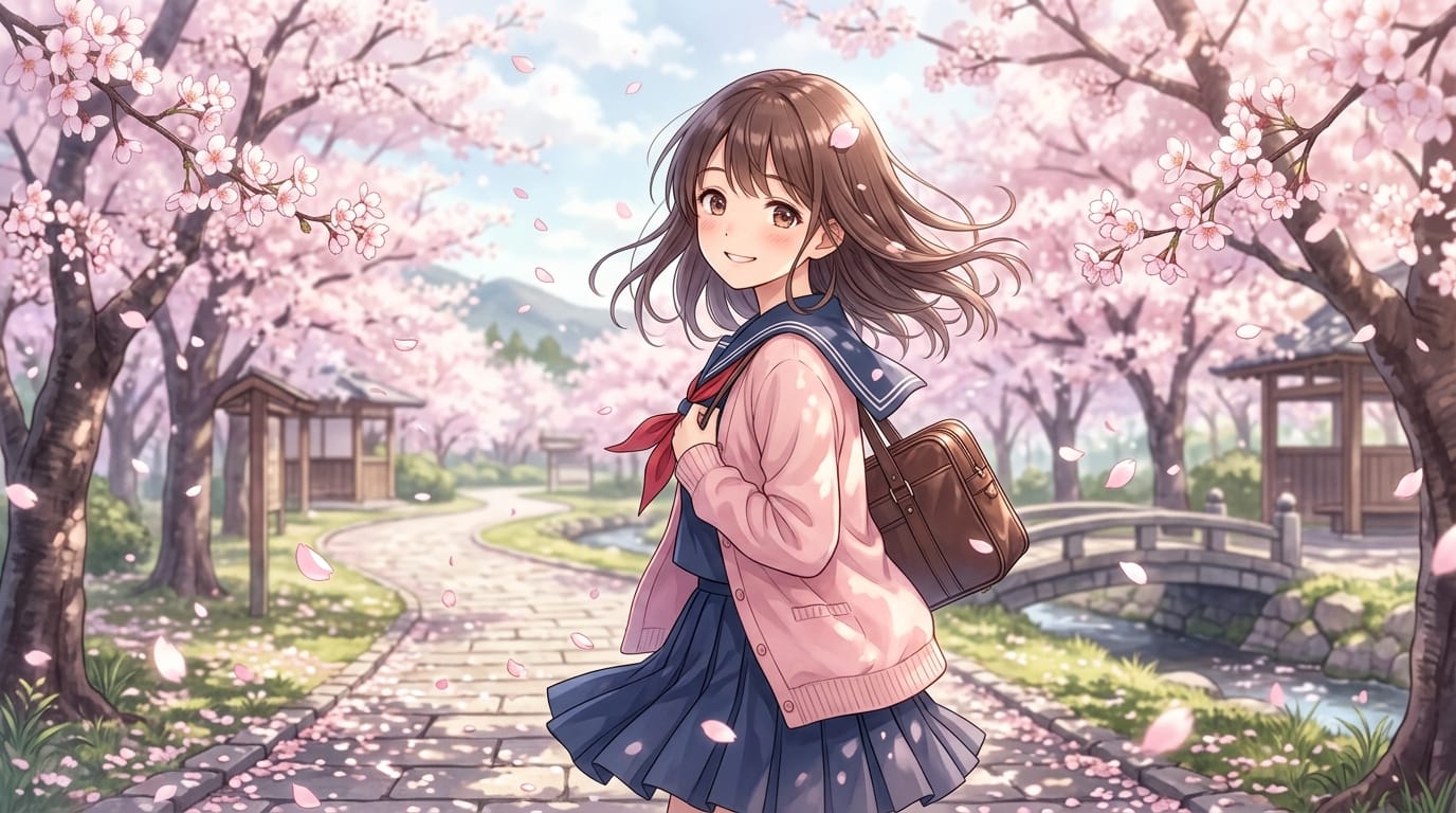 Anime style illustration of a girl looking back and smiling, gentle breeze, cherry blossoms falling, high quality, smooth animation