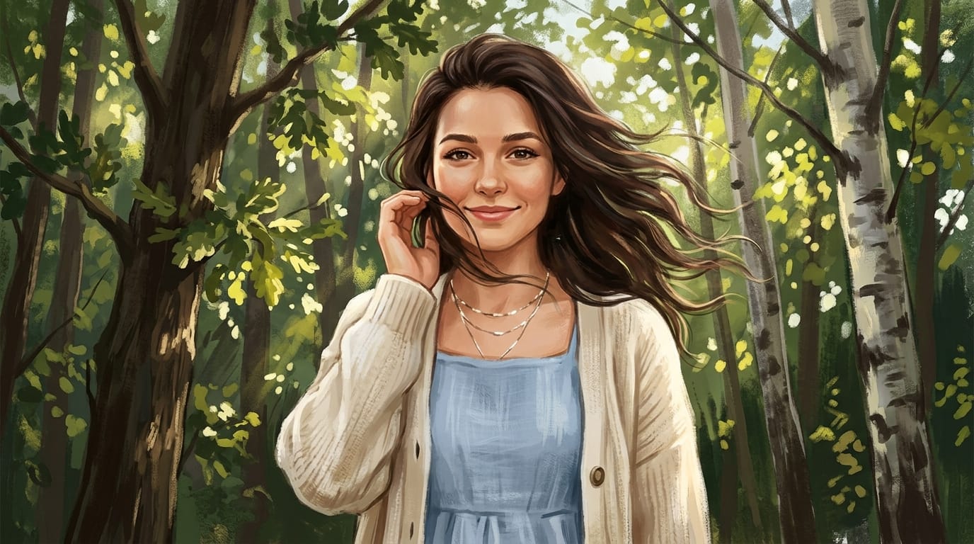 手描き感のあるリッチな画風、風になびく髪、カメラに向かって優しく微笑む、背景の木漏れ日が揺れる、滑らかな動き