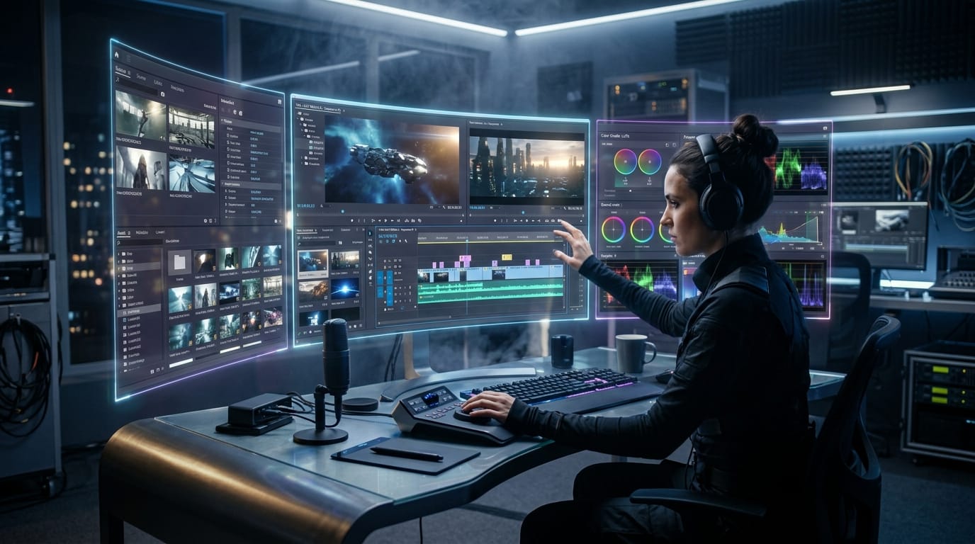 Concept art of a futuristic workstation with multiple holographic screens showing video editing interfaces, cinematic lighting, highly detailed