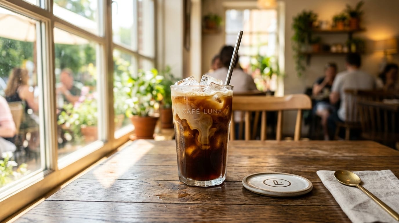 A glass of iced coffee with plenty of ice on a luxurious wooden table. The background is moderately blurred, with strong summer sunlight shining through a window. Stylish photography for a cafe's Instagram post.
