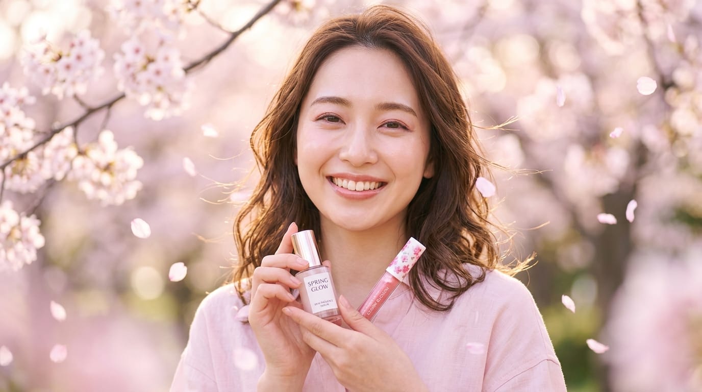 春の新作コスメを宣伝するInstagram用プロンプト。パステルピンクを基調とした背景に、桜の花びらが舞う中、透明感のある肌を持つ若い女性モデルが微笑んでいる。自然光が差し込み、シネマティックで高品質な商業写真のスタイル。