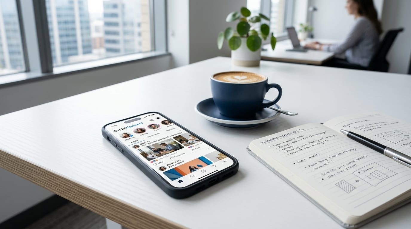 A modern smartphone displaying a social media feed, resting on a clean white desk next to a cup of coffee and a notebook. Bright, even lighting, corporate lifestyle aesthetic.