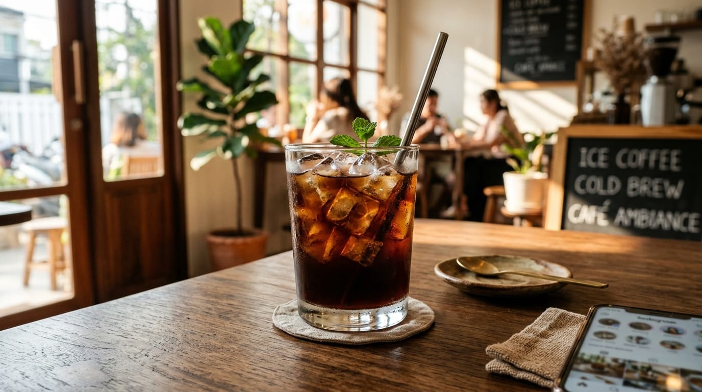 高級感のある木製のテーブルの上に置かれた、氷がたっぷり入ったアイスコーヒーのグラス。背景は適度にボケており、夏の強い日差しが窓越しに差し込んでいる。カフェのInstagram投稿用のスタイリッシュな写真。
