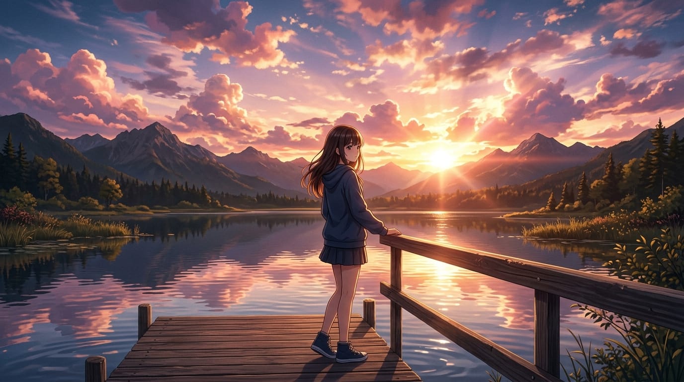 anime style, cinematic lighting, a girl standing by a lake during sunset, highly detailed sky with glowing clouds, water reflection, lens flare, emotional atmosphere, realistic anime generator style