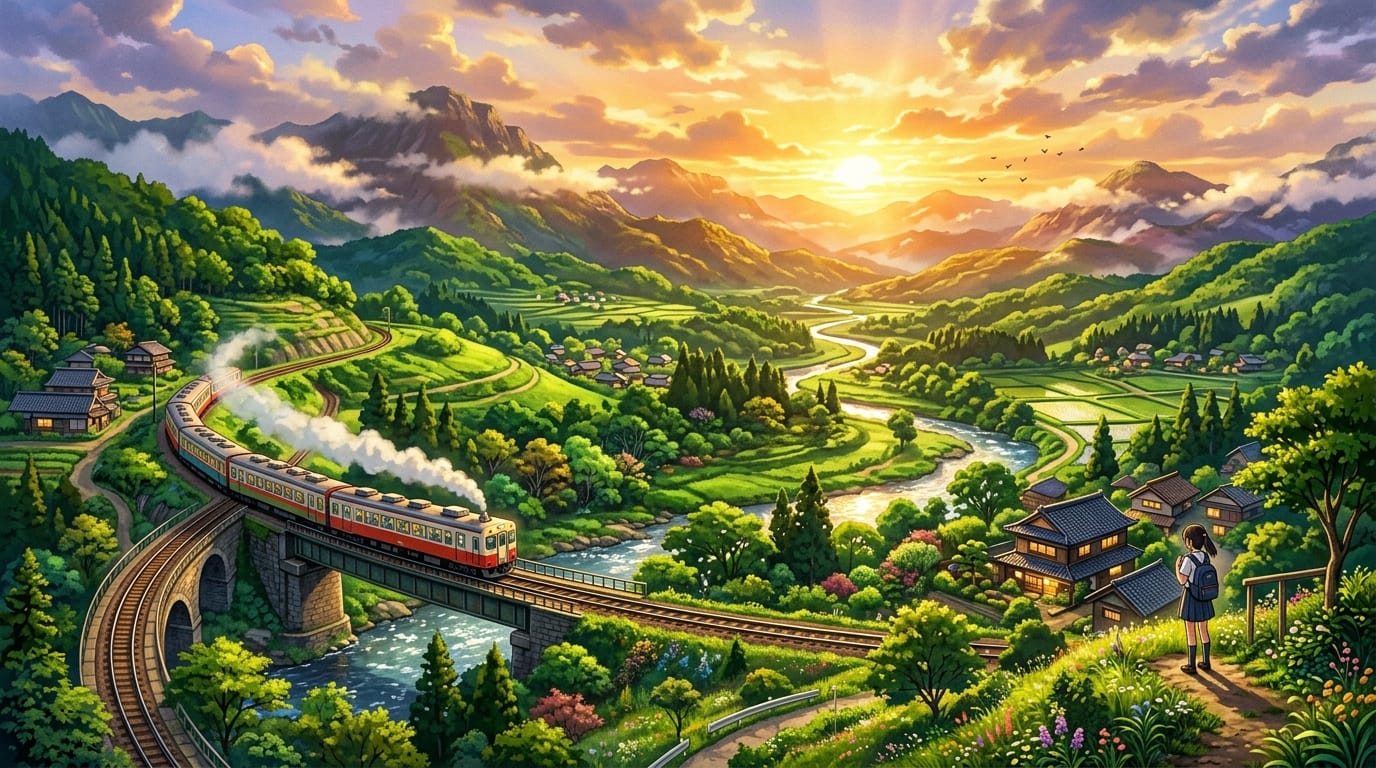 cinematic anime style, a train traveling through a lush green valley, glowing sunlight, highly detailed background, vivid colors, dynamic lighting, masterpiece