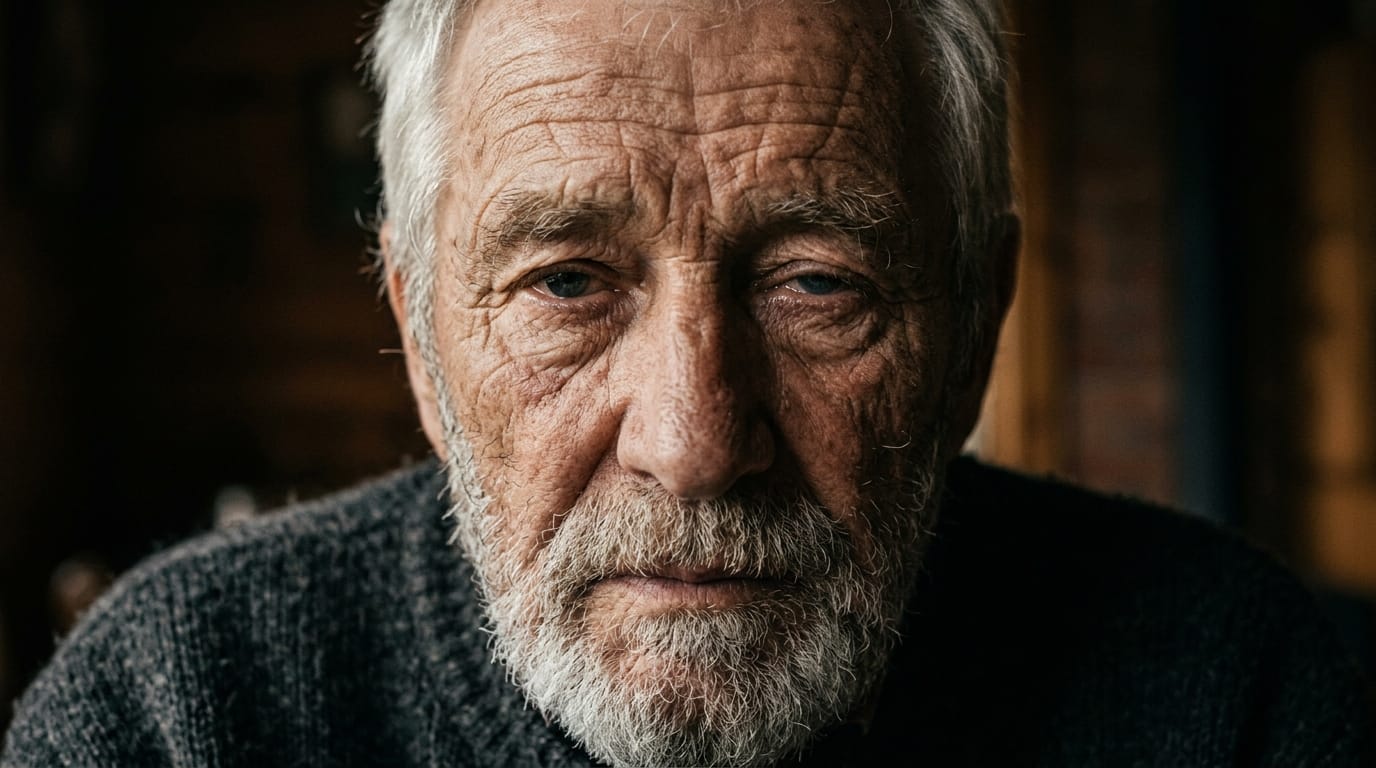 Close-up portrait of an elderly man with deep wrinkles, dramatic Rembrandt lighting, cinematic shadow, looking directly at the camera, slow subtle blink, highly realistic, 8k resolution