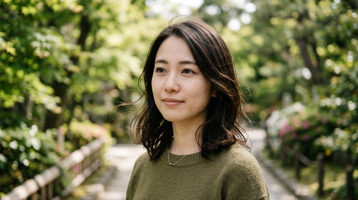 Cinematic portrait video of a young Japanese woman, soft natural lighting, shallow depth of field, 85mm lens, subtle breeze moving her hair, micro-expressions, highly detailed, photorealistic