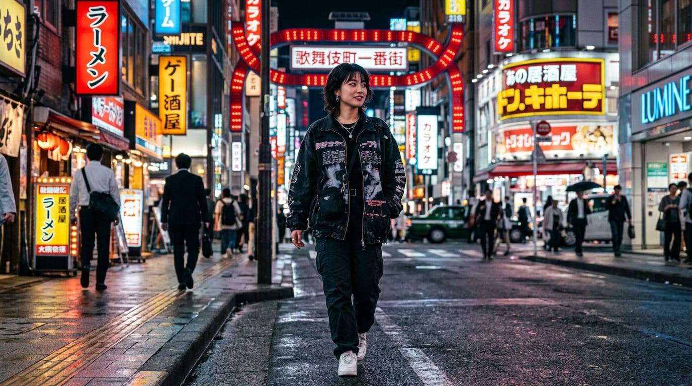 A tracking shot of a stylish Asian female model walking down a neon-lit Tokyo street at night. She wears contemporary urban fashion. The camera follows her smoothly as she turns her head slightly to look at the lens. Cinematic lighting, neon reflections on her skin, realistic ai generator style, 4k resolution.