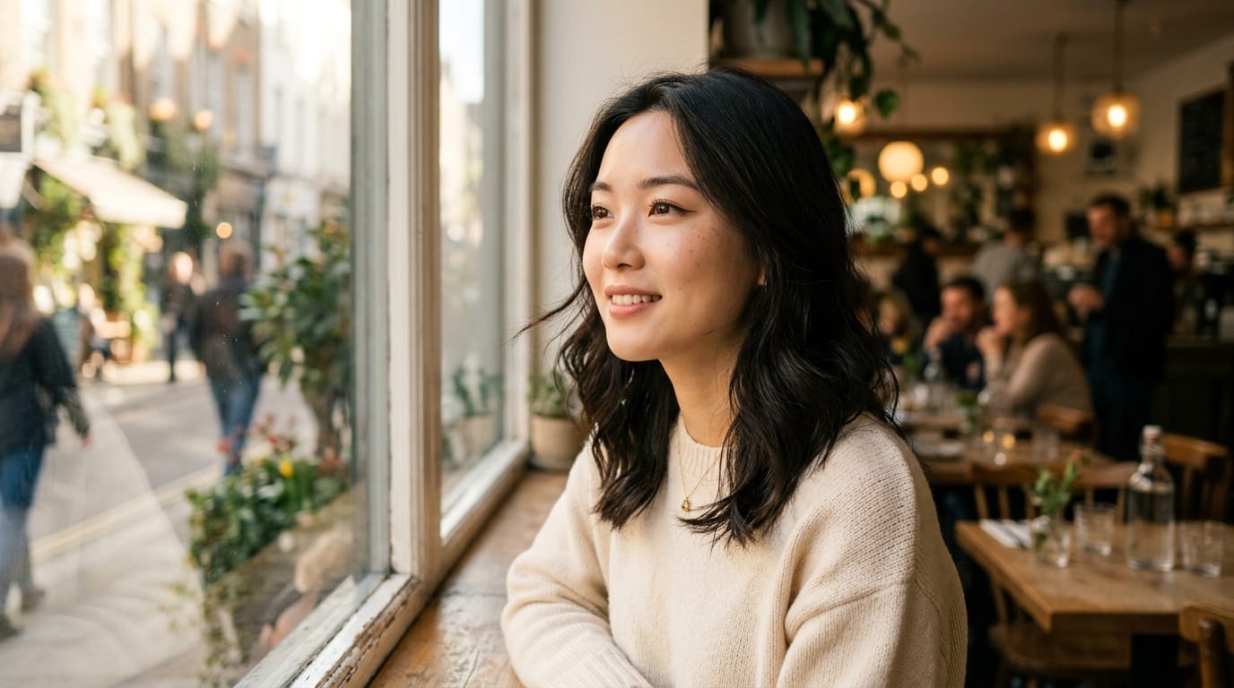 A cinematic close-up shot of a beautiful young Asian woman with natural makeup and delicate facial features, standing in a sunlit cafe. She is gently smiling while looking out the window, soft natural lighting illuminating her flawless skin. Photorealistic, 85mm lens, depth of field, subtle hair movement.