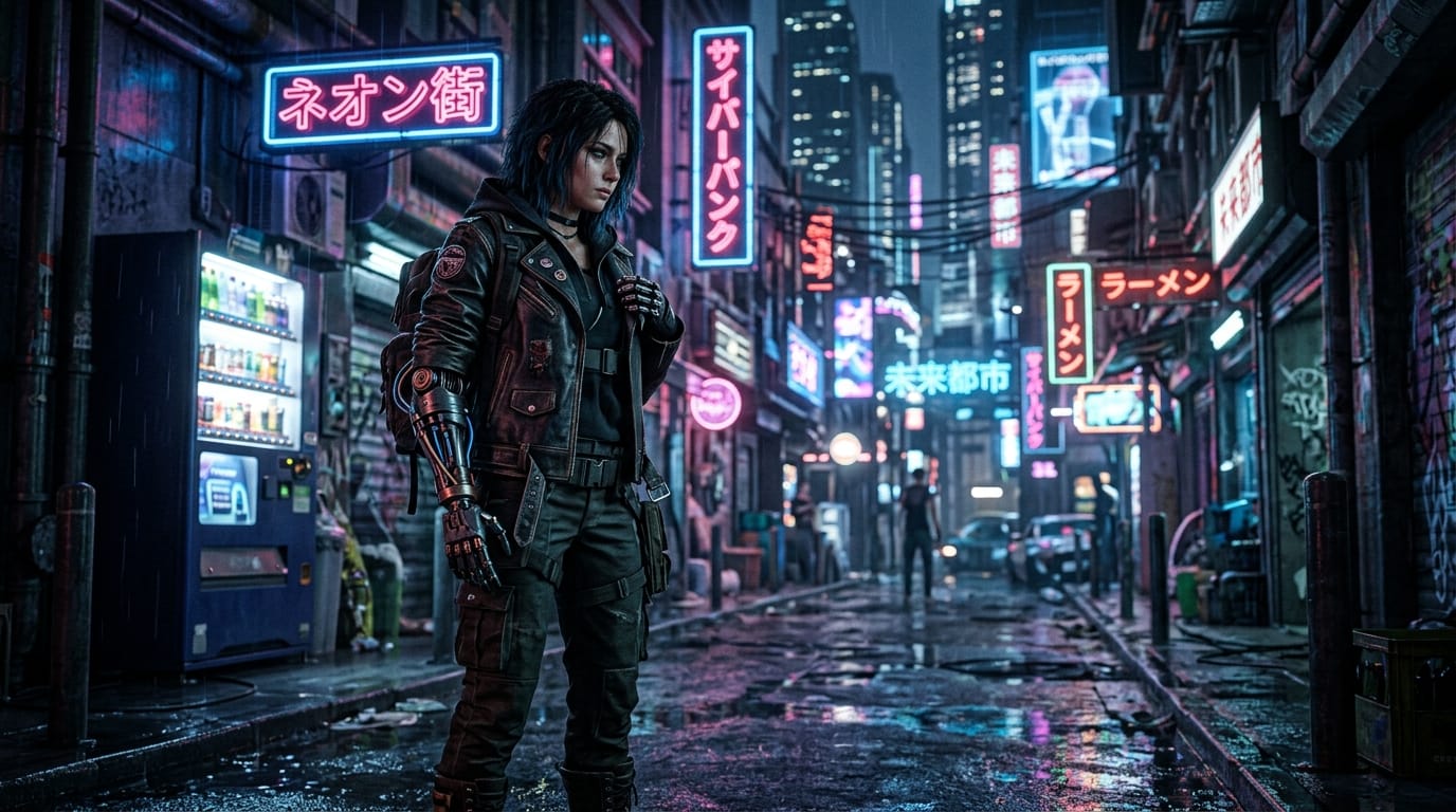 近未来のサイバーパンク都市の路地裏に立つ女性キャラクター。ネオンの光が濡れたアスファルトに反射している。彼女は金属製の精巧な義手を持ち、革のジャケットを着ている。被写界深度（ボケ量）を活かしたシネマティックなライティング、実写的なリアルさ、8k解像度。