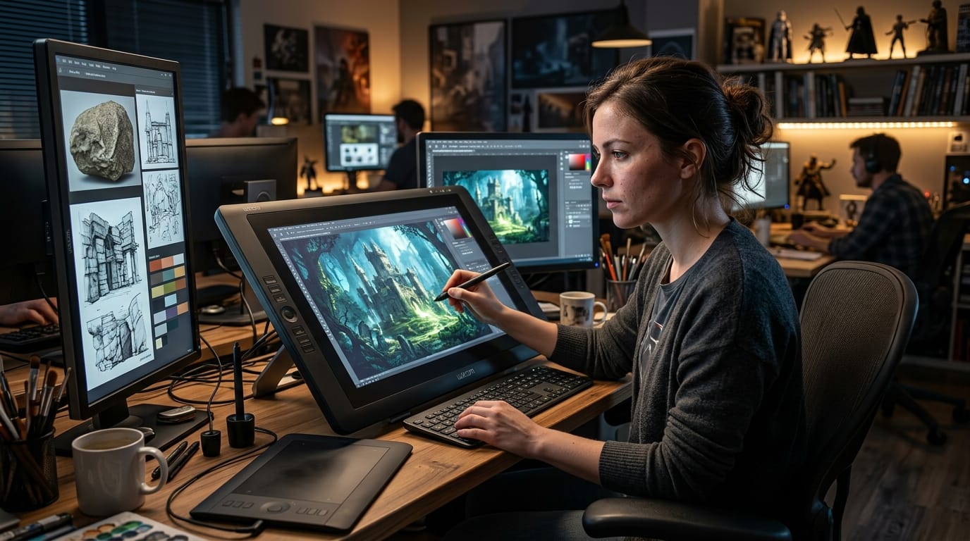 A professional concept artist working in a digital studio, glowing screens, highly detailed, realistic skin textures
