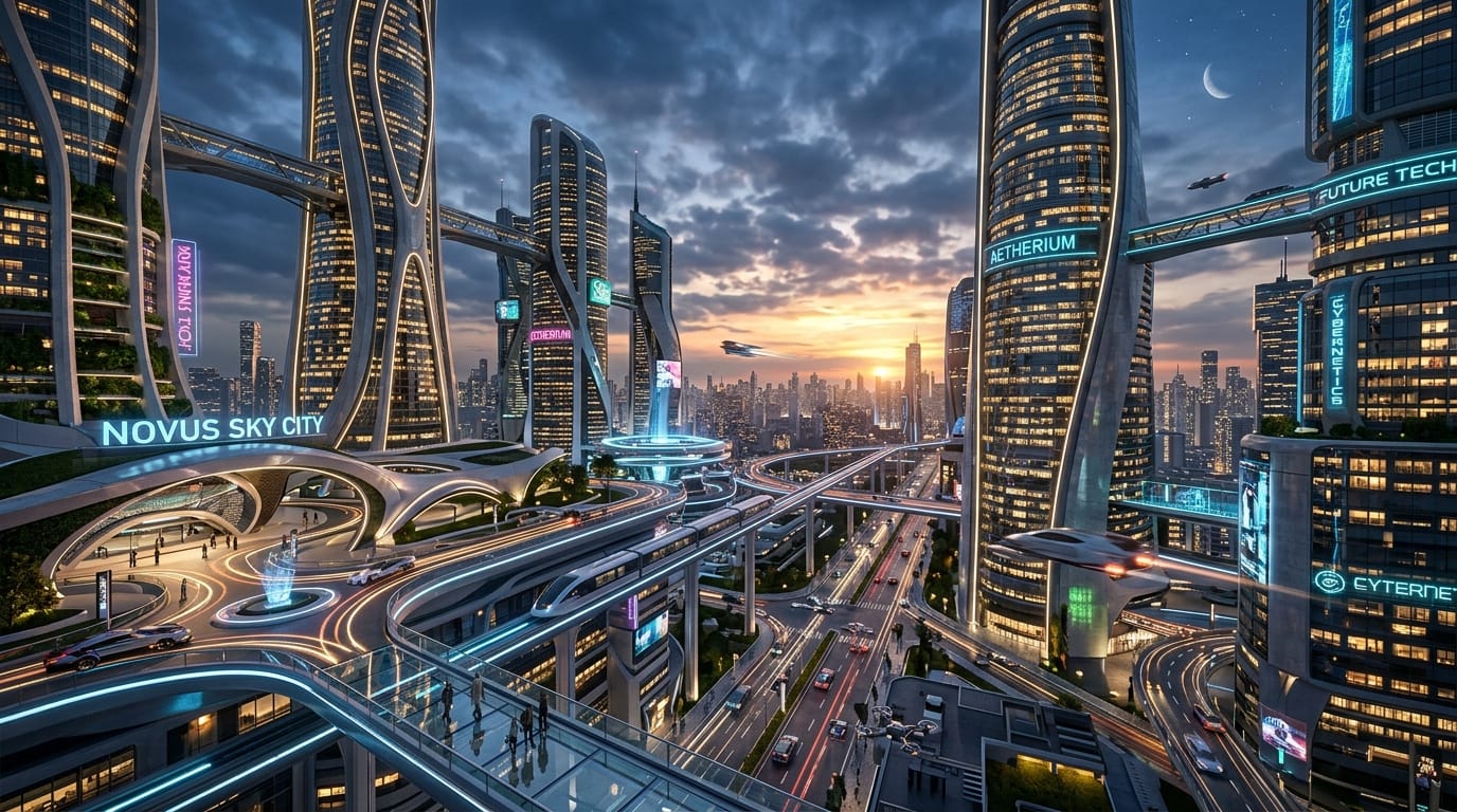 High-fidelity commercial concept art of a futuristic cityscape, realistic textures, cinematic lighting, 8k resolution