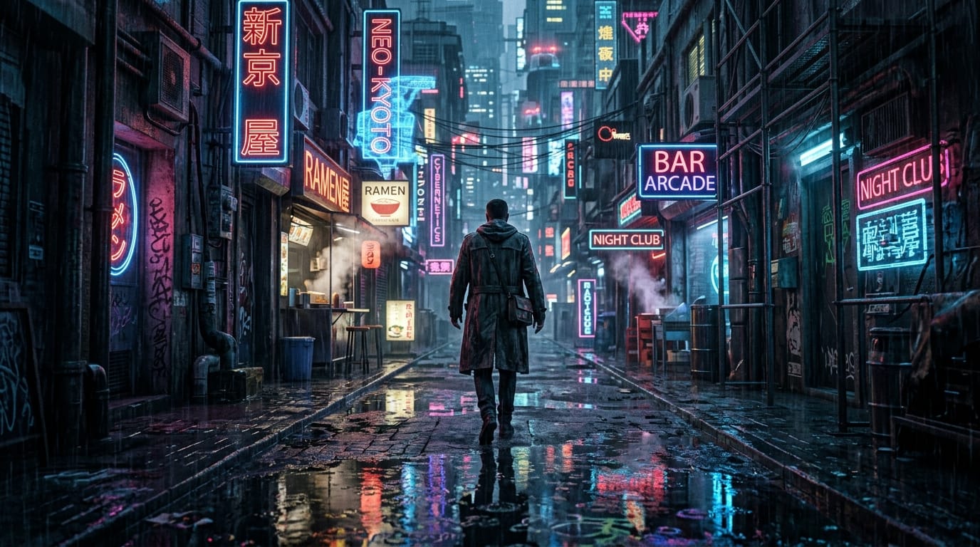 A cyberpunk alleyway at dusk in the rain. Neon lights reflect in the puddles. The camera slowly pushes forward, approaching the back of a man in a black trench coat. The sound of rain and distant sirens echo.