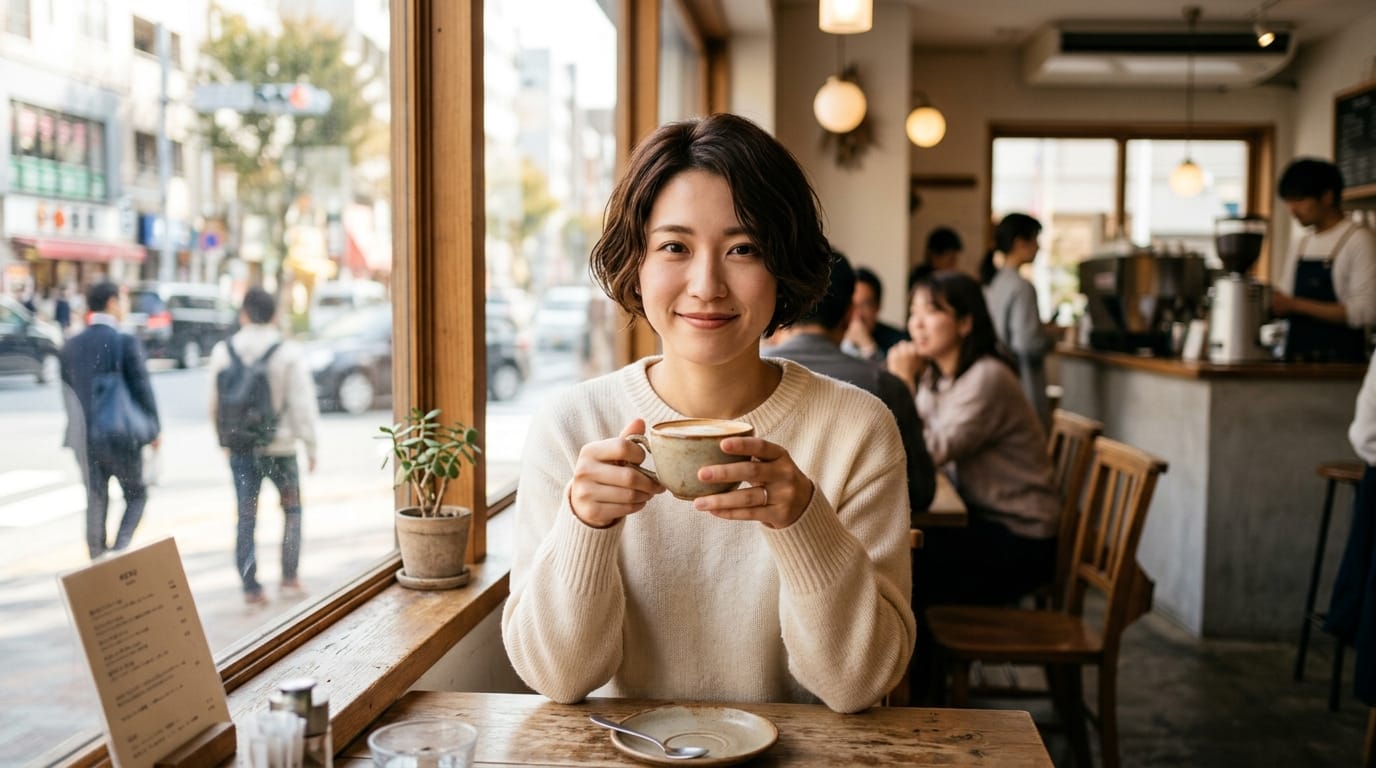 暖かい日差しの入るカフェの窓際。ショートヘアの女性がコーヒーカップを両手で持ちながら、カメラに向かって優しく微笑みかける。被写界深度（ボケ量）が浅く、背景の通行人はぼやけている。カフェの静かなBGMと、かすかな雑踏の音が聞こえる。