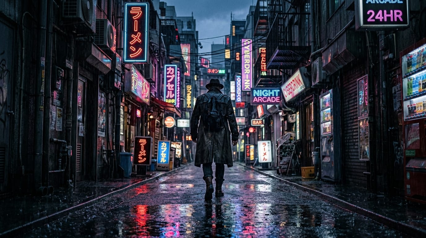 夕暮れの雨が降るサイバーパンク風の路地裏。ネオンサインの光が水たまりに反射している。カメラはゆっくりと前進し、黒いトレンチコートを着た男性の背中に近づく。雨音と遠くのサイレンの音が響いている。
