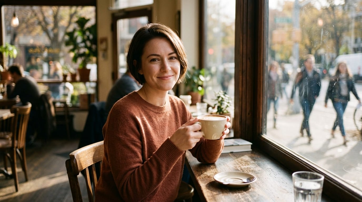By the window of a cafe with warm sunlight streaming in. A woman with short hair holds a coffee cup with both hands and smiles gently at the camera. Shallow depth of field, with passersby in the background blurred. Quiet cafe BGM and faint ambient city sounds can be heard.