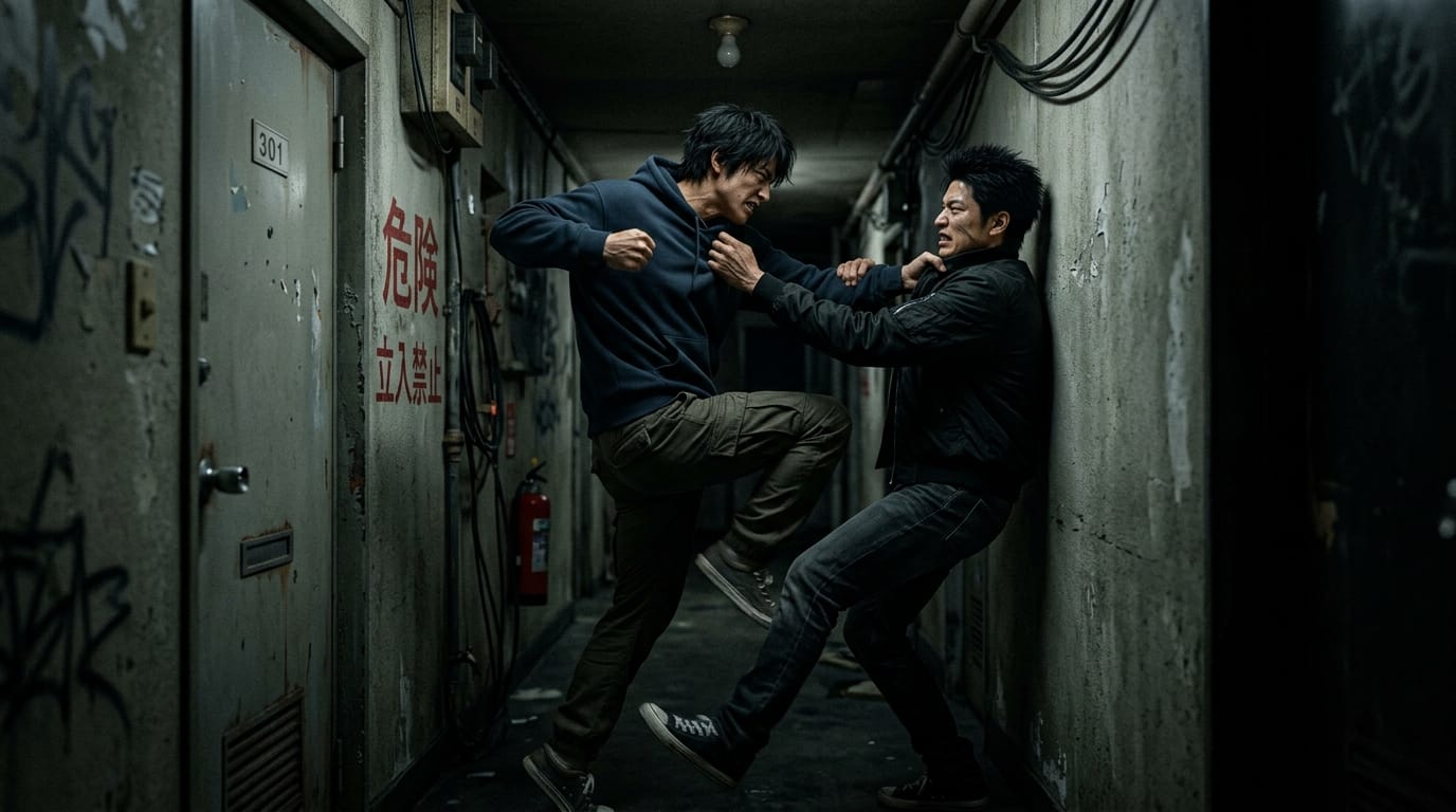 縦読み漫画のレイアウト、狭い廊下で対峙する2人の人物、複雑な身体的相互作用、緊張感のある構図、正確な人体構造、シネマティックな照明、アクションシーンのラフ案、実写的なリアルさ