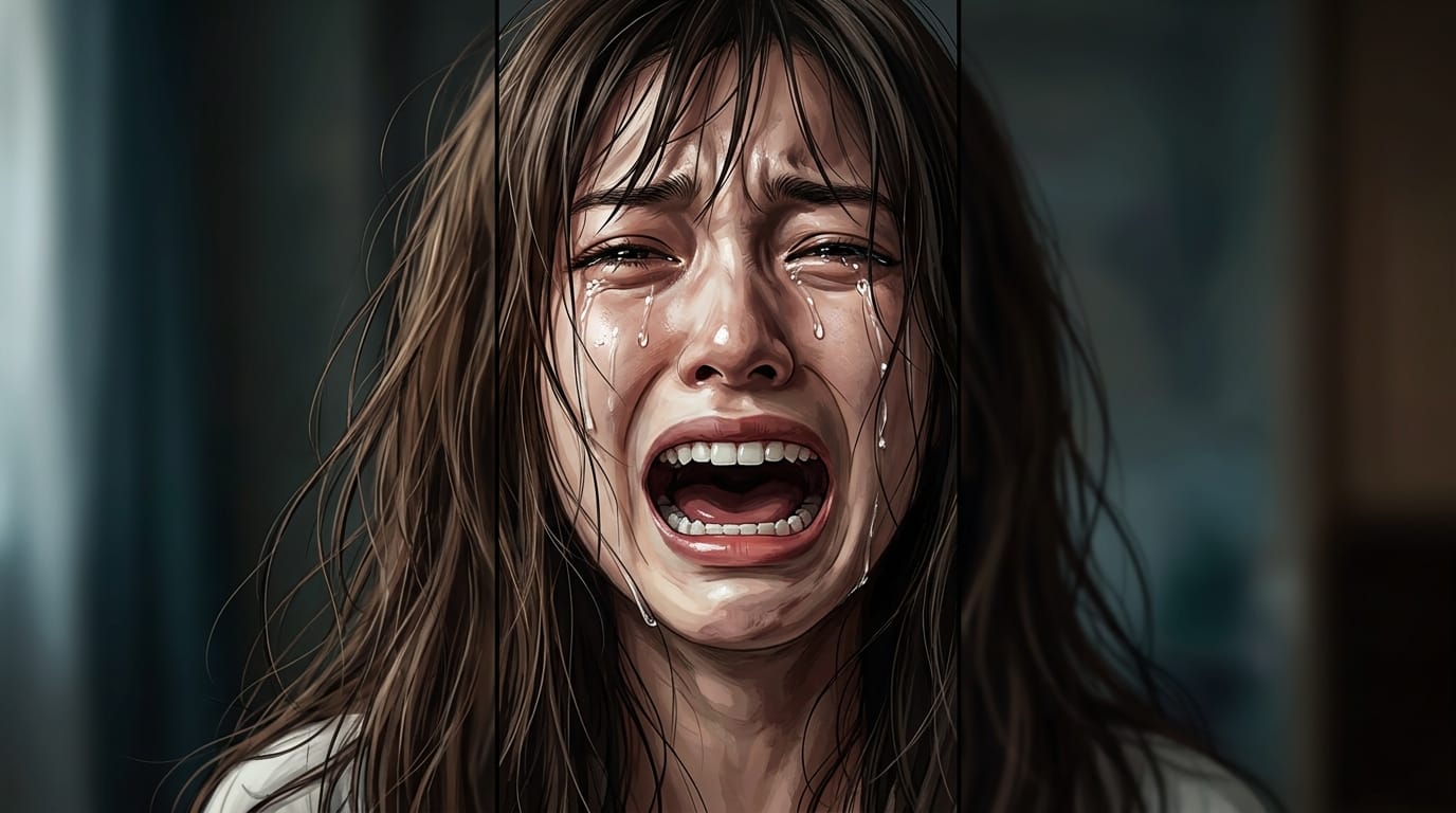縦読み漫画のクローズアップカット、激しく泣き叫ぶ女性の顔、極端な表情のダイナミズム、頬を伝う涙のリアルな描写、乱れた髪、正確な人体構造、ドラマチックなハイコントラスト照明、フルカラー
