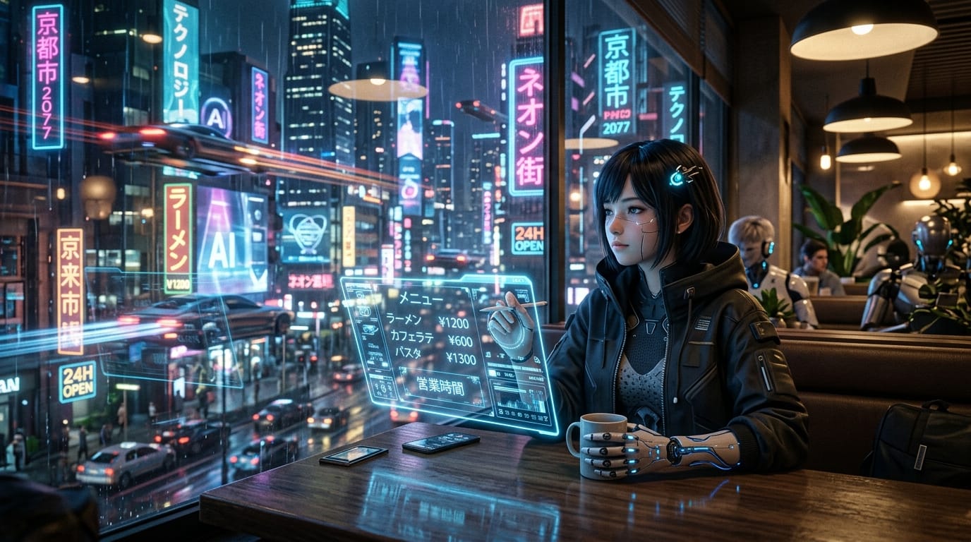 未来都市のカフェでくつろぐサイボーグの少女、ホログラムのメニュー、ガラス越しのネオン街、日常のワンシーン、スナップショットであること、近年の人気作品に見られる繊細な画風