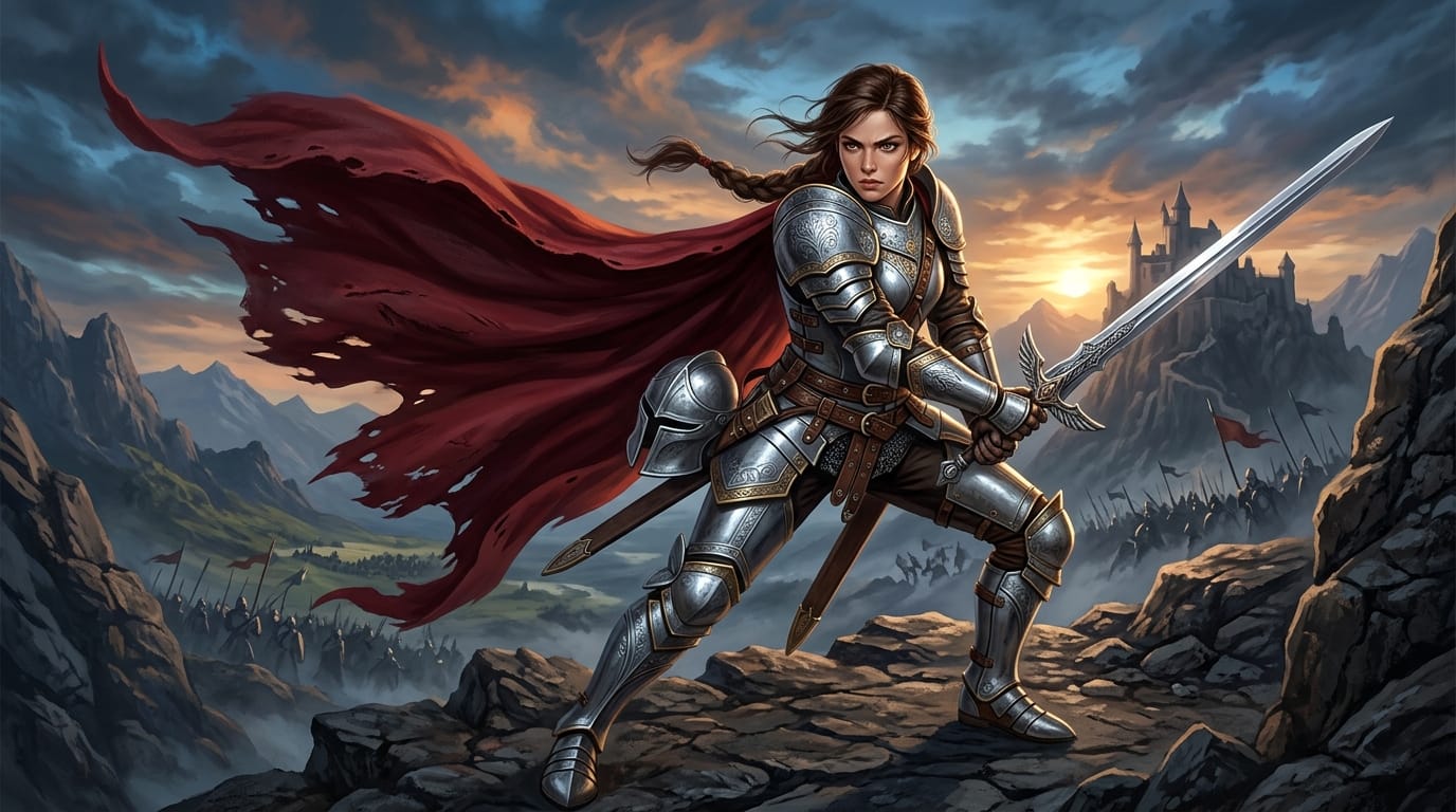 剣を構えるファンタジー世界の女騎士、銀色の鎧、決意に満ちた表情、目の描写がシャープ、風に舞うマント、ダイナミックな構図、高精細なイラスト