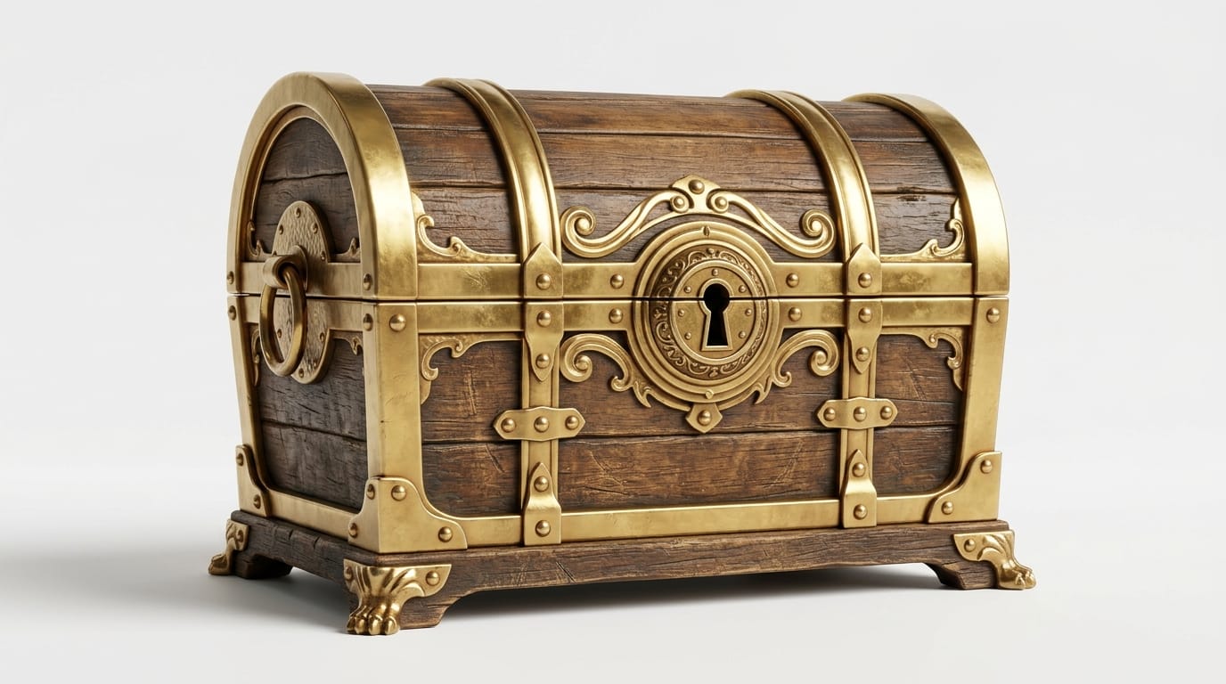 提供されたラフスケッチをベースにした、光沢のある立体的な宝箱の3Dアイコン。ファンタジーRPGのUI素材向け。金色の装飾、木の質感、柔らかなライティング、白い背景。