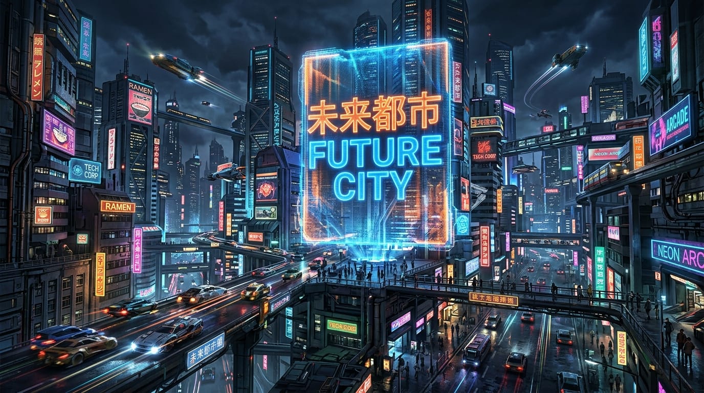 近未来的なサイバーパンク都市の風景。中央の巨大なホログラムビルボードに「FUTURE CITY」という文字が鮮明に表示されている。空飛ぶ車、ネオンライト、シャープなディテール。高品質なコンセプトアート、アスペクト比16:9。