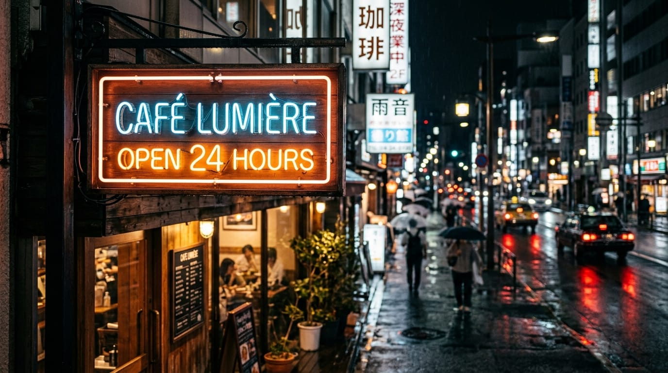 都会の夜の街角にあるおしゃれなカフェの看板。「OPEN 24 HOURS」というネオン文字が鮮明に光っている。背景は被写界深度が浅く、雨に濡れたアスファルトが街灯を反射している。4K解像度、実写的なリアルさ、商用ポスター素材向け。