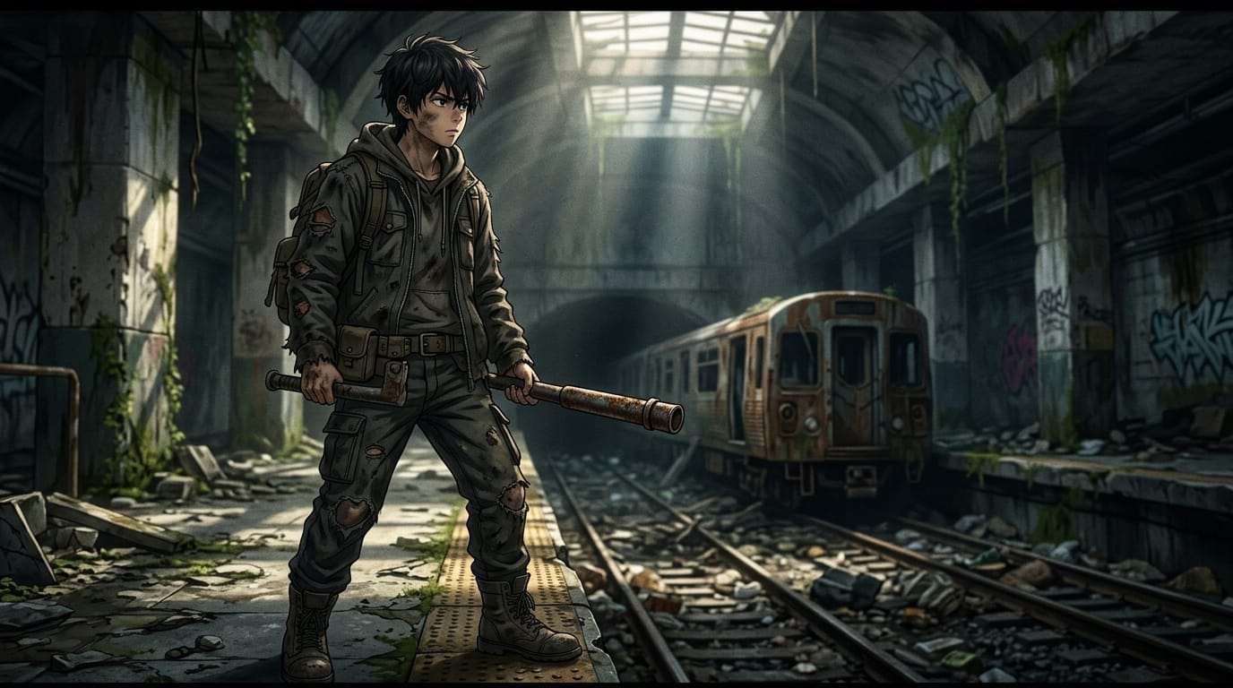 1boy, solo, post-apocalyptic survivor, holding a rusty pipe, abandoned subway station, torn dark clothing, dirty skin, cinematic lighting, highly detailed anime style