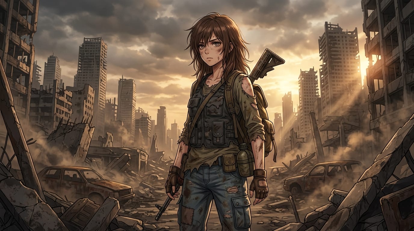 1girl, solo, post-apocalyptic, ruined city background, torn tactical clothes, dirt on skin, sweat, dramatic lighting, highly detailed anime style