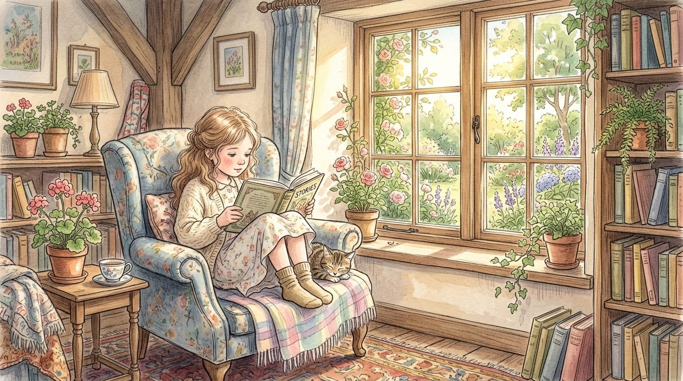 A highly detailed hand-drawn style illustration of a young girl reading a book by a sunlit window, watercolor texture, soft pastel colors, visible pencil sketch lines, nostalgic and warm atmosphere, masterpiece, rich details
