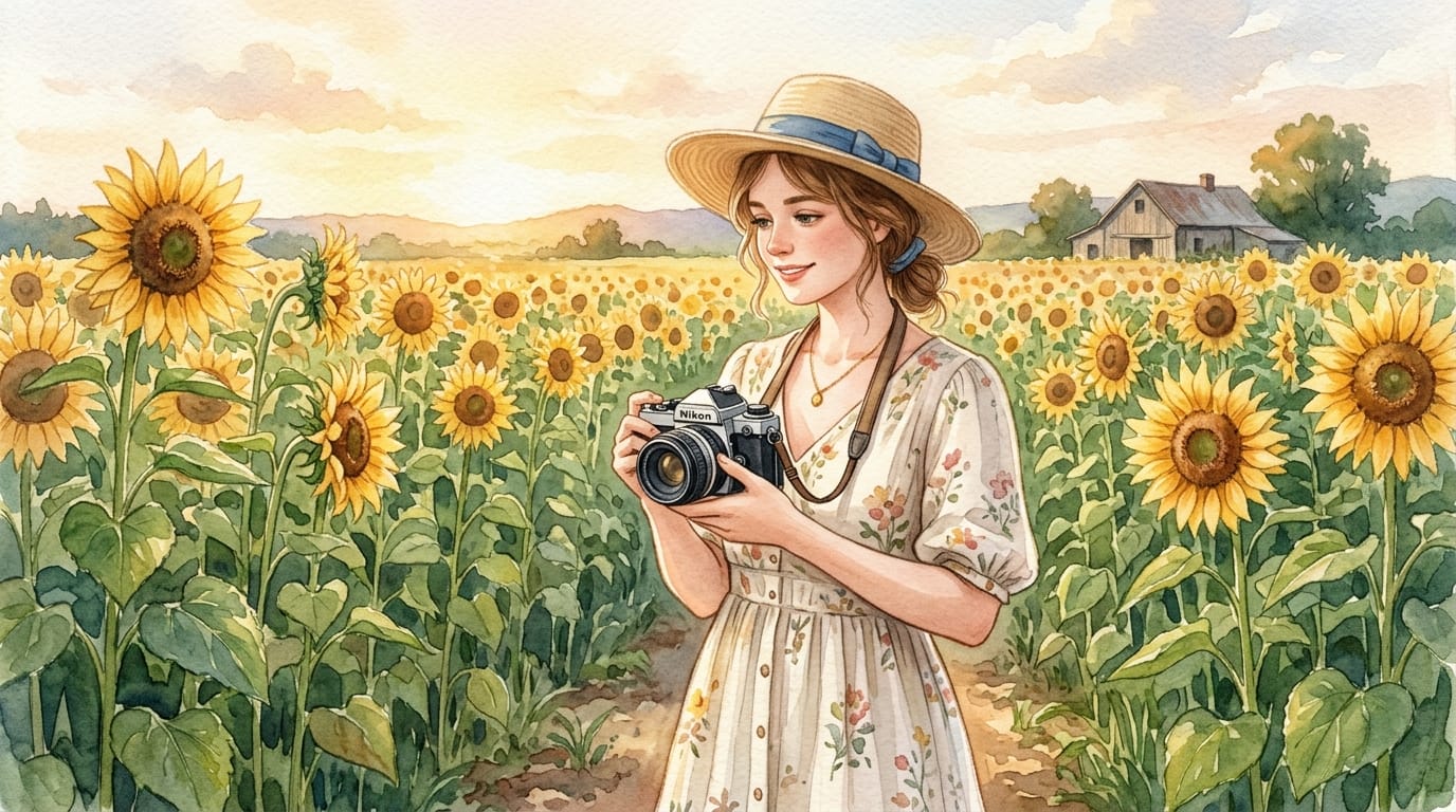 A young woman holding a vintage camera, standing in a field of sunflowers. Traditional watercolor painting style, hand-drawn, visible paper texture, soft brush strokes, pastel color palette. Warm afternoon sunlight, nostalgic atmosphere, highly detailed illustration.
