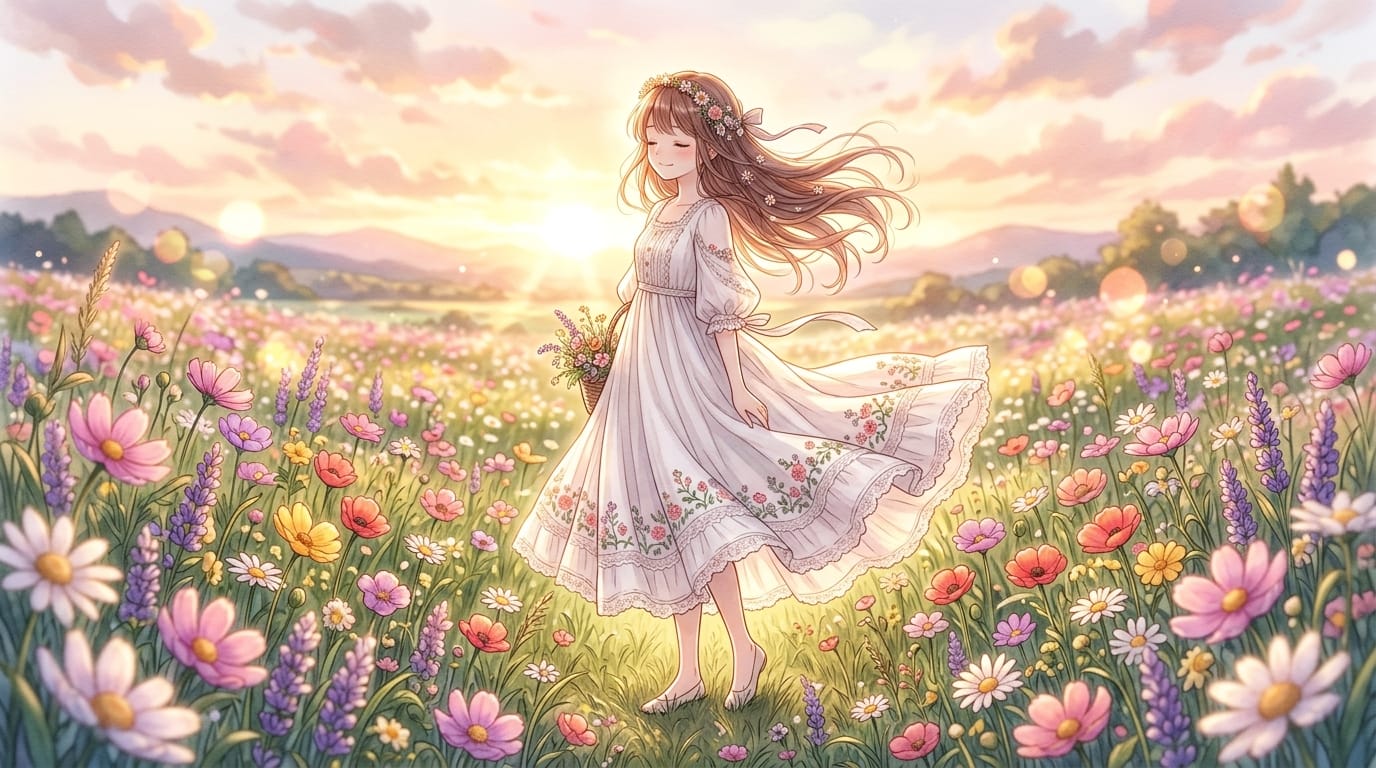 繊細なアニメ調表現、花畑に立つ少女、風に揺れるドレス、逆光、被写界深度(ボケ量)を活かした表現、透明感のある色彩