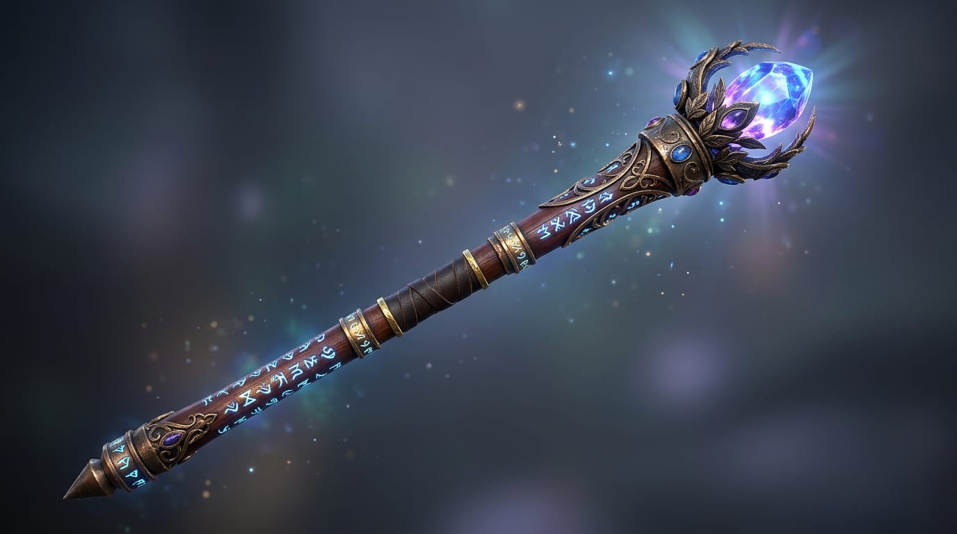 A close-up of a beautifully designed magical staff with intricate glowing runes, high quality 3D render style, clean background, perfect for a game asset