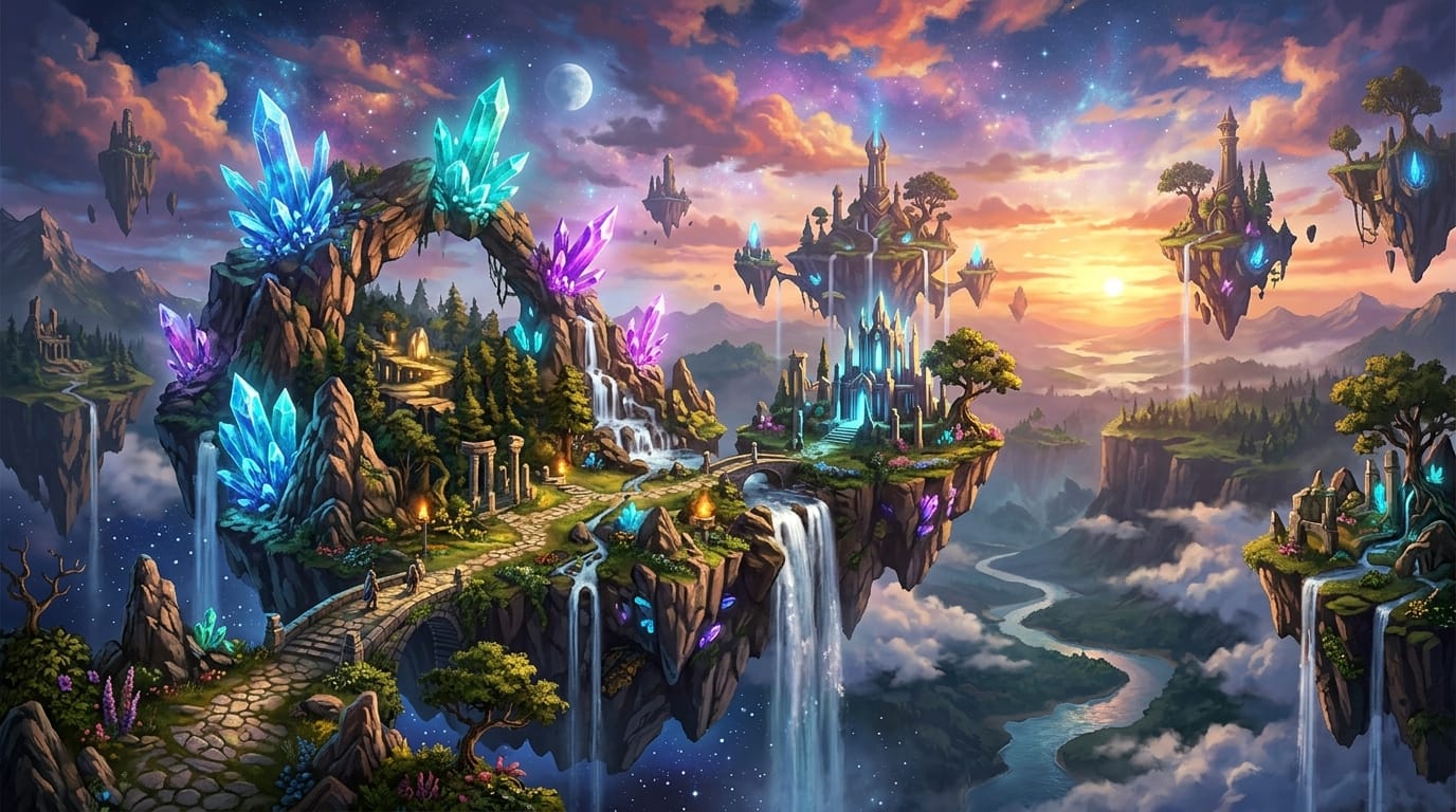 A highly detailed, beautiful fantasy landscape, floating islands with glowing crystals, cinematic lighting, 4k resolution, concept art style