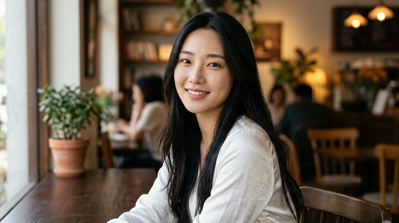 A highly detailed photorealistic portrait of a beautiful Asian woman in her 20s, natural makeup, flawless skin texture, gentle smile, long flowing black hair, wearing an elegant white silk dress, soft natural sunlight from the side, blurred aesthetic cafe background, 8k resolution, cinematic lighting, shot on 85mm lens