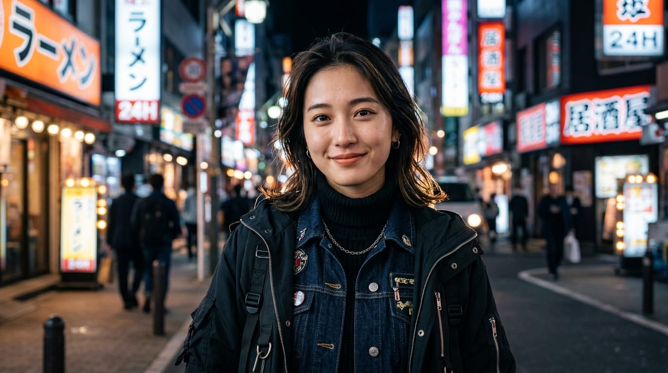 highly detailed portrait of a beautiful 20-year-old Asian woman, natural makeup, clear and detailed skin texture, soft expressive eyes, wearing a highly detailed modern urban outfit, cinematic lighting, rim light, shallow depth of field, blurred neon city street background at night, 8k, photorealistic, professional photography, shot on 85mm lens