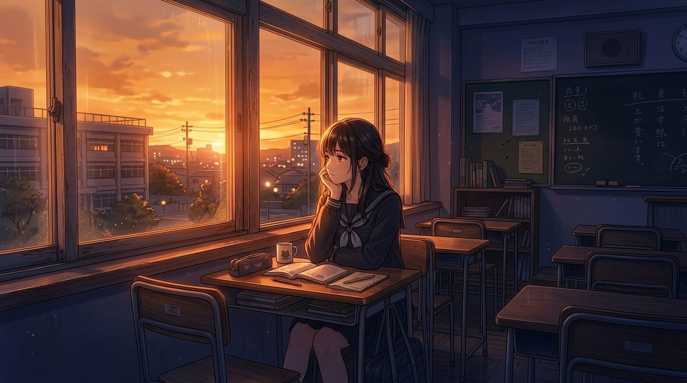 A student sitting by the window in a classroom at dusk, orange backlighting, nostalgic atmosphere, bluish-purple ambient light in the shadows, delicate anime style --niji 6