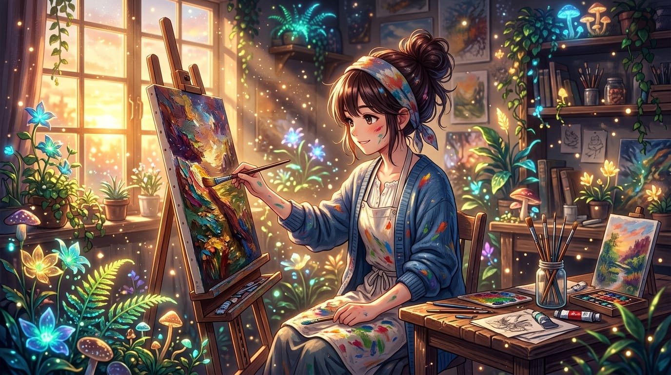 An art student painting on a canvas in a studio surrounded by magical glowing plants, sunset light streaming through the window, floating light particles, delicate and highly detailed anime style, thick impasto painting style, cinematic lighting, depth of field --niji 6