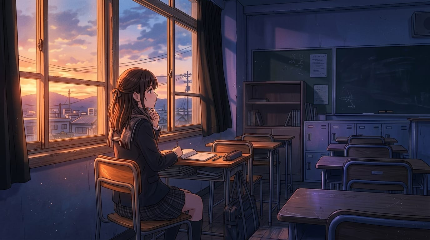 夕暮れの教室、窓際の席に座る学生、オレンジ色の逆光、ノスタルジックな空気感、シャドウに落ちる青紫の反射光、繊細なアニメ調