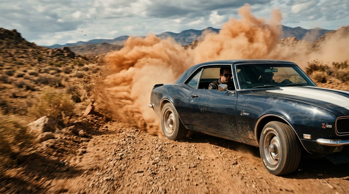 荒野を疾走するクラシックカー。ローアングルからのトラッキングショット(Tracking shot)。車体側面にカメラが追従し、背景の砂埃が舞い上がる。実写的なリアルさ、映画のようなカラーグレーディング。