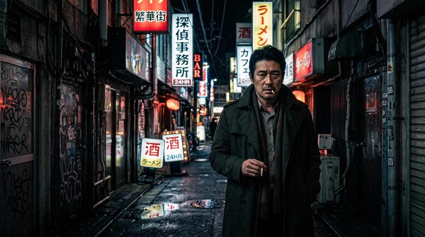 薄暗い路地裏に立つ探偵の男性。ドリーズーム(Dolly Zoom)。背景のネオンサインが急速に歪みながら迫ってくる。緊張感のあるシネマティックな照明、被写界深度(ボケ量)が浅い。