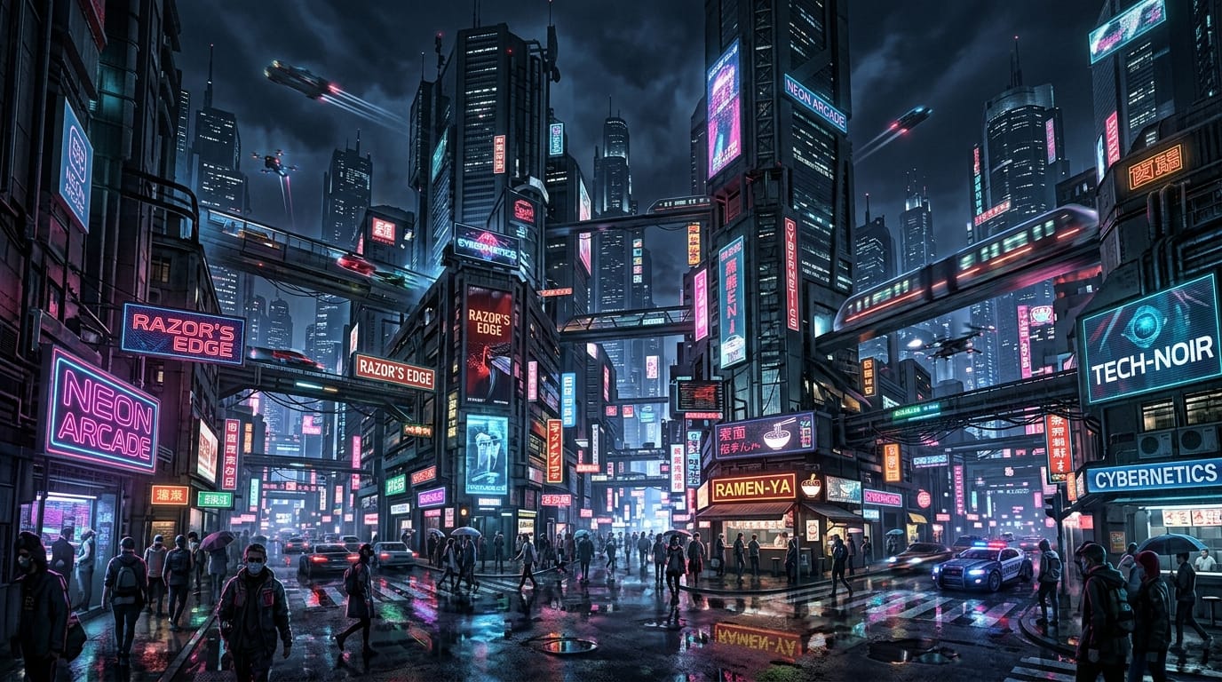 A cinematic wide shot of a futuristic cyberpunk city at night, neon lights reflecting on wet streets, dramatic lighting, highly detailed, 8k resolution, photorealistic.