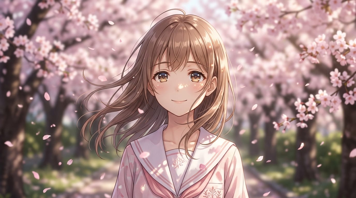 縦型動画、風にそよぐ髪、瞳に反射する光の瞬き、背景の桜の花びらがゆっくりと舞い落ちる、キャラクターは穏やかに微笑んでいる、滑らかなアニメーション、被写界深度による立体感