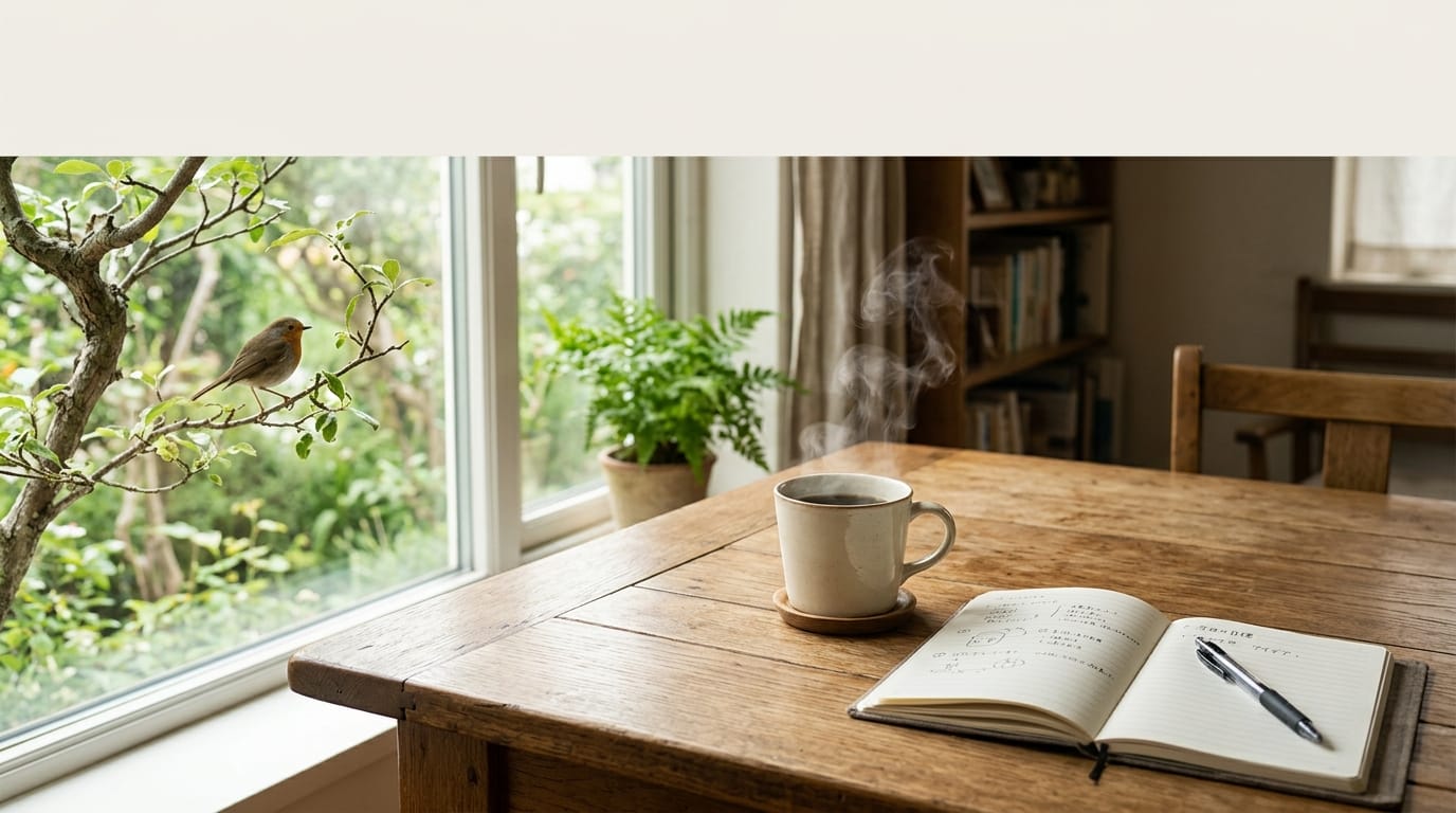 温かみのある木製のダイニングテーブル、湯気の立つコーヒーカップと開かれたノート、窓の外では小鳥が枝に止まっている、自然光が柔らかく差し込む、穏やかでリラックスした日常の風景、上部に広い余白