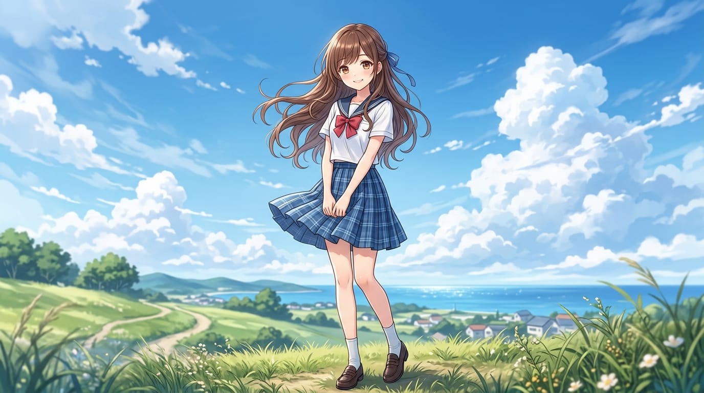 繊細で緻密なアニメ調表現の少女、風で髪とスカートが優しく揺れている、カメラに向かって微笑む、背景には青空と白い雲