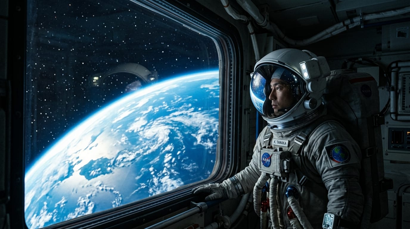 宇宙船の巨大な窓から青い惑星を見下ろす宇宙飛行士の横顔。カメラはゆっくりと宇宙飛行士の顔に近づき、ヘルメットのガラスに惑星の表面と星々の光が鮮明に反射している。静かで壮大なSF映画のワンシーン。